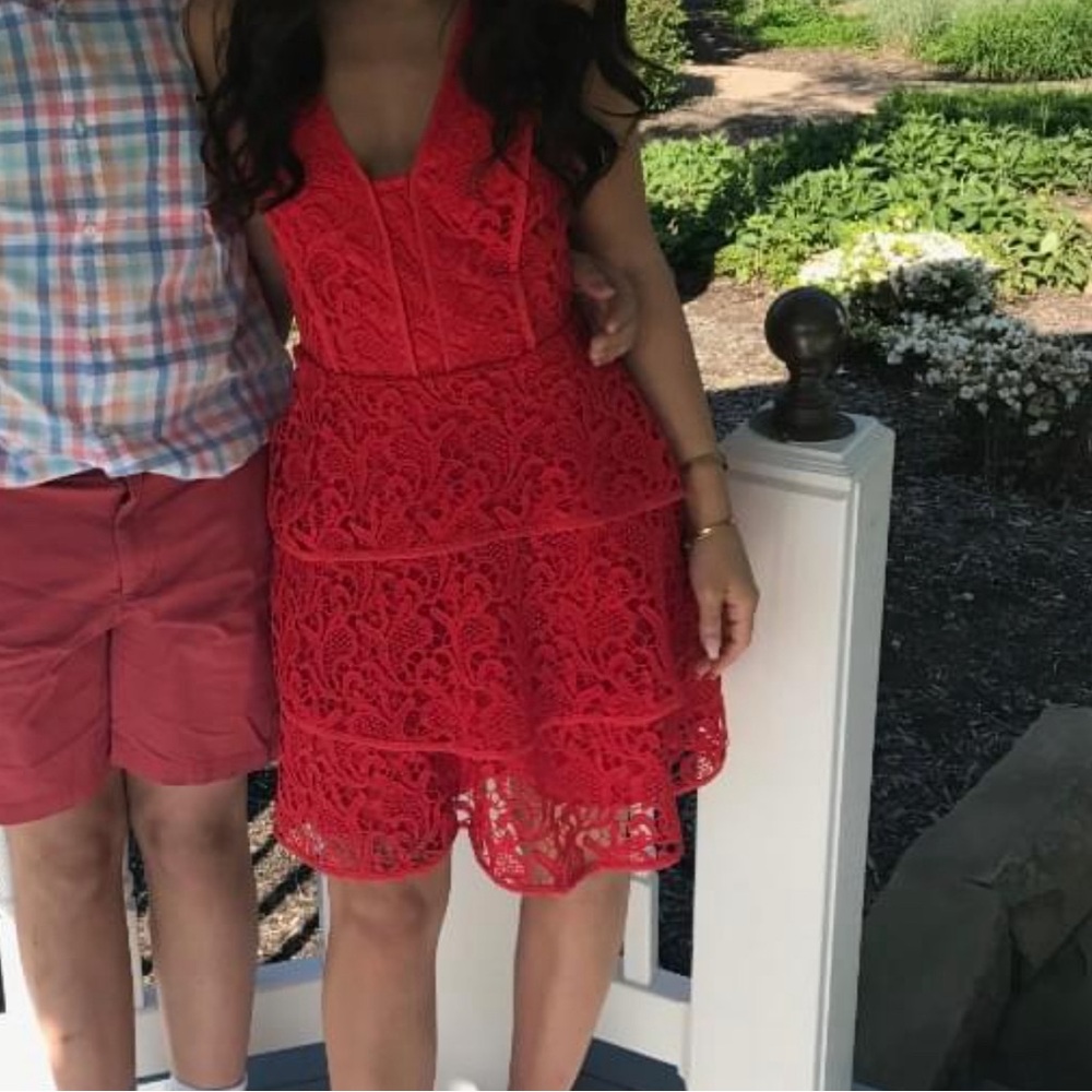 Red Tiered Floral Embroidered Flare Dress